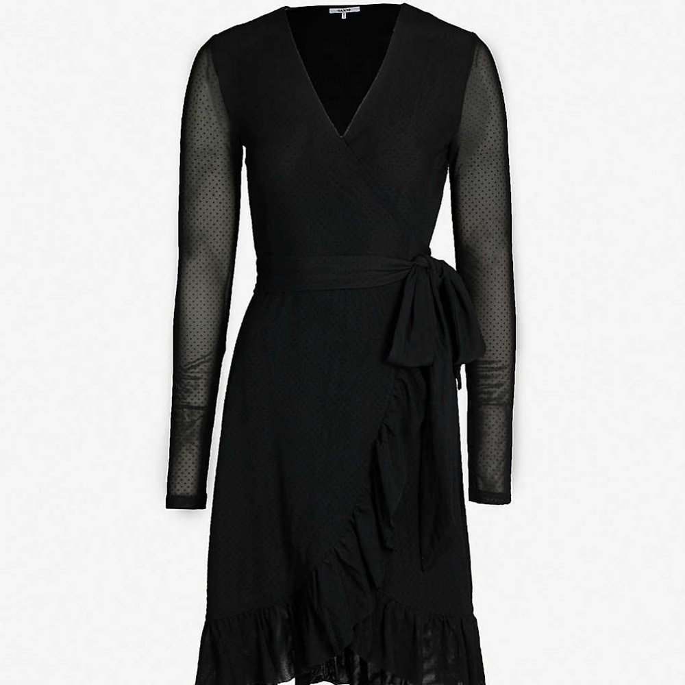 Ganni Black Swiss Dot Wrap Dress